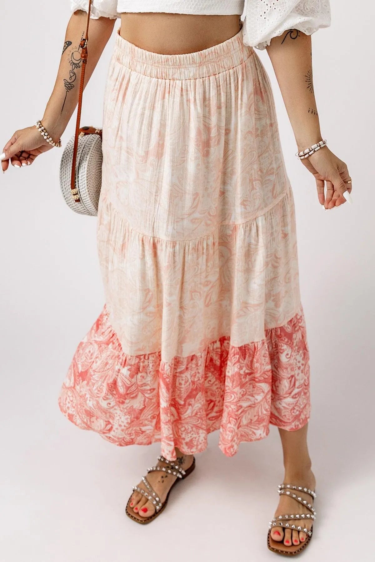 Pink Floral Print Ruffle Hem Tiered Maxi Skirt Jewelry Bubble