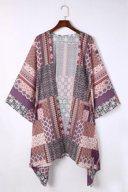 Pink Geometric Print Open Front Kimono Jewelry Bubble