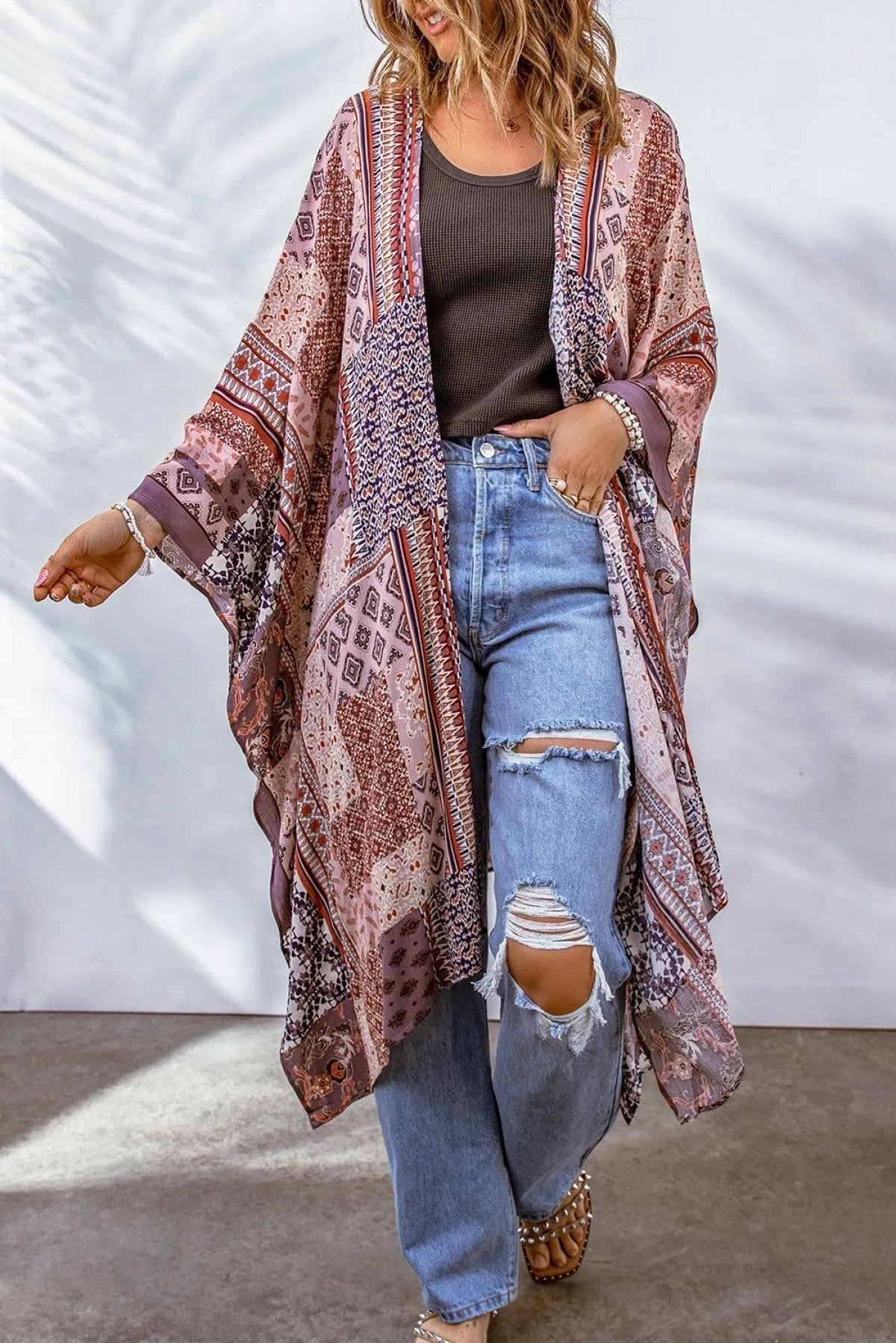 Pink Geometric Print Open Front Kimono Jewelry Bubble