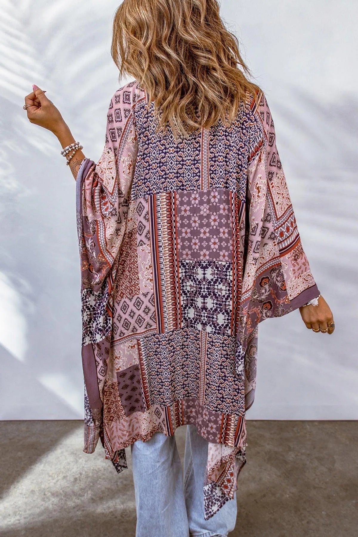 Pink Geometric Print Open Front Kimono Jewelry Bubble