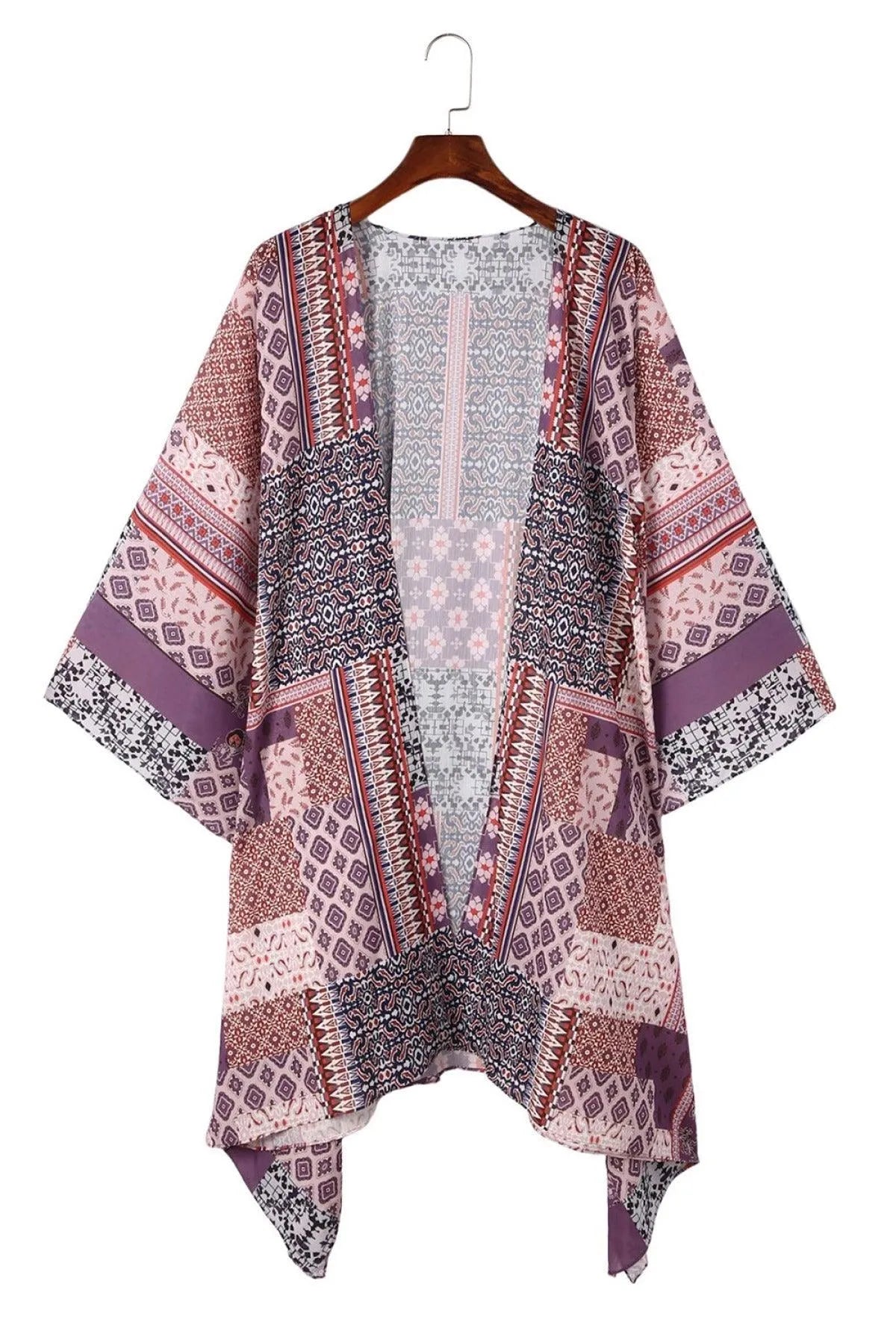 Pink Geometric Print Open Front Kimono Jewelry Bubble