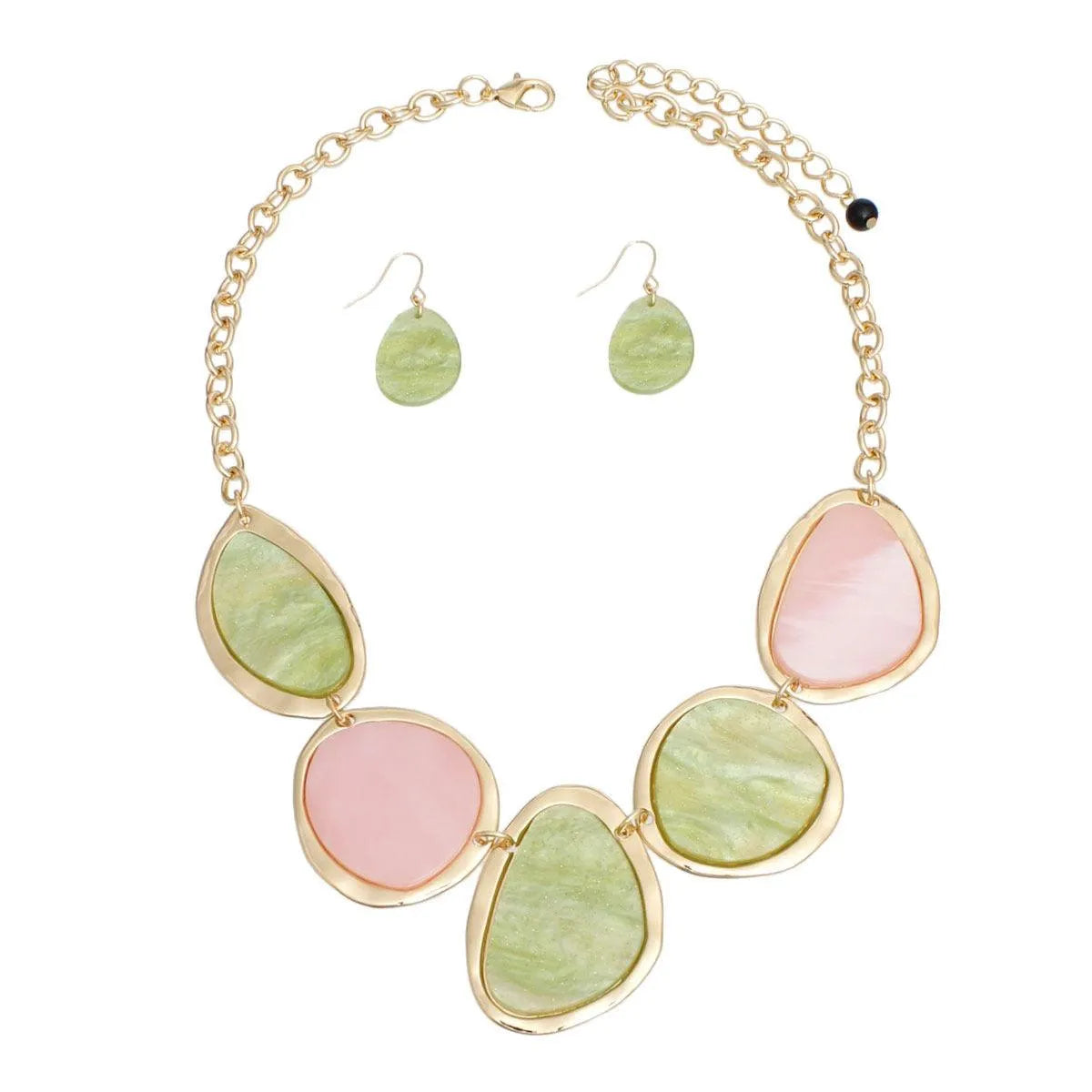 Pink & Green Acrylic Gold Chain Necklace with Matching Earrings Jewelry Bubble