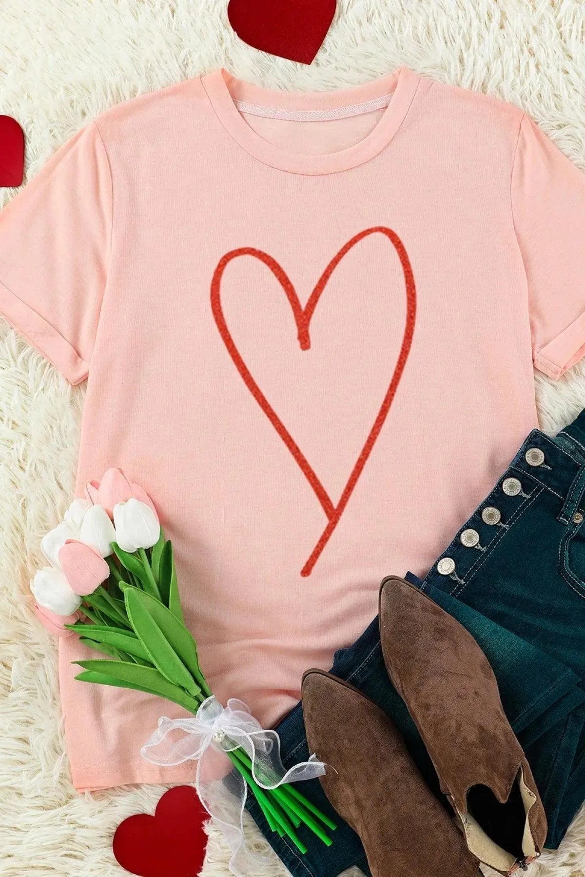 Pink Heart Shaped Glitter Print Short Sleeve Graphic T-Shirt