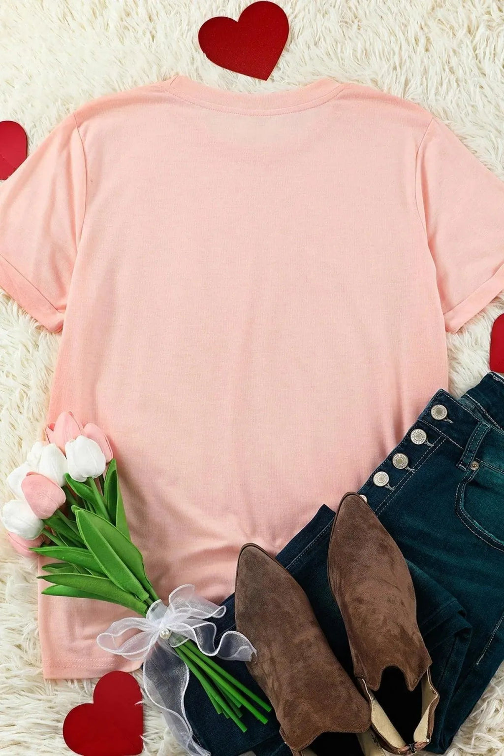 Pink Heart Shaped Glitter Print Short Sleeve Graphic T-Shirt
