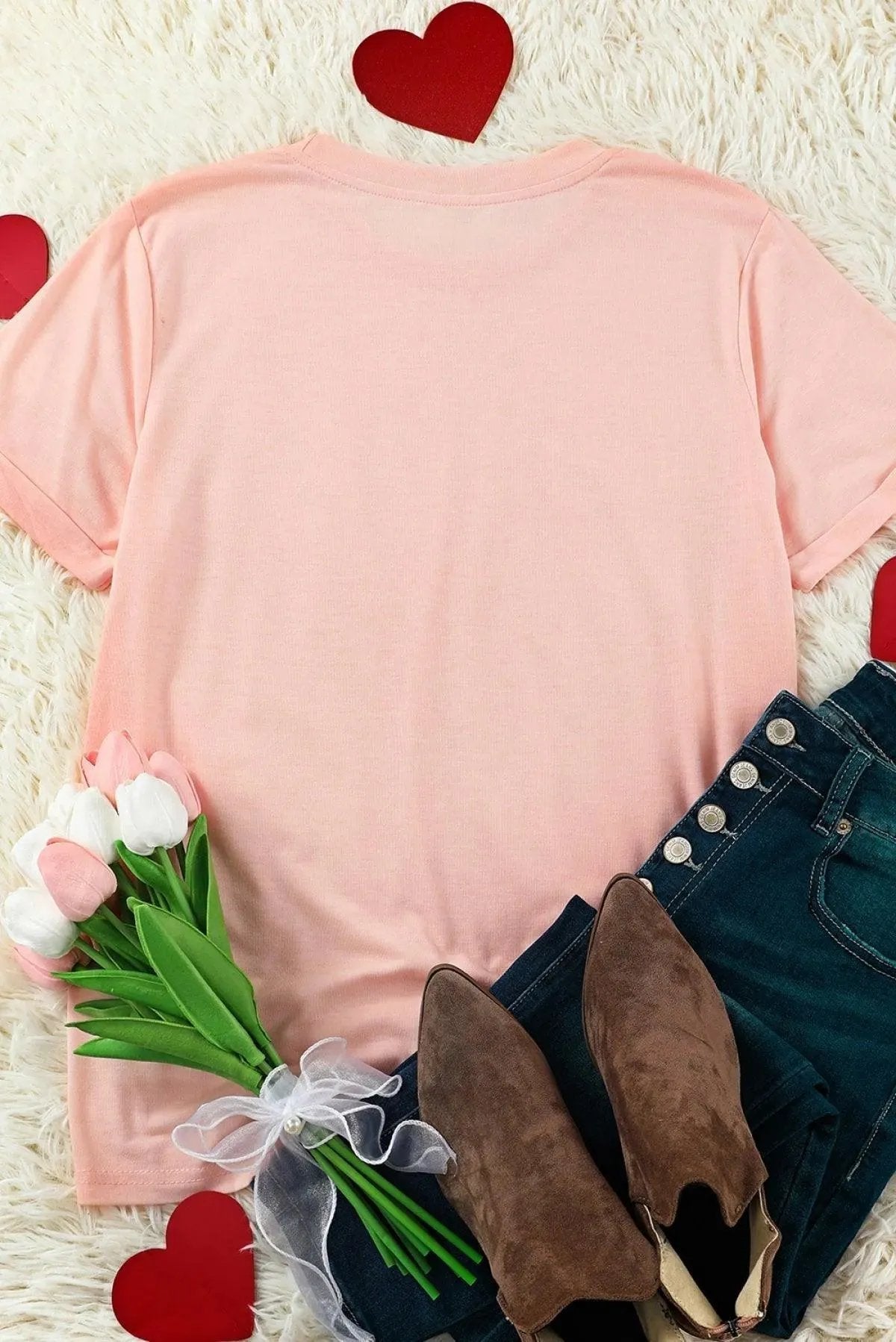 Pink Heart Shaped Glitter Print Short Sleeve Graphic T-Shirt
