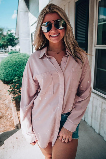 Pink Oversized Bleach Stained Shirt With Chest Pockets Jewelry Bubble