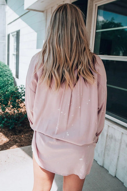 Pink Oversized Bleach Stained Shirt With Chest Pockets Jewelry Bubble