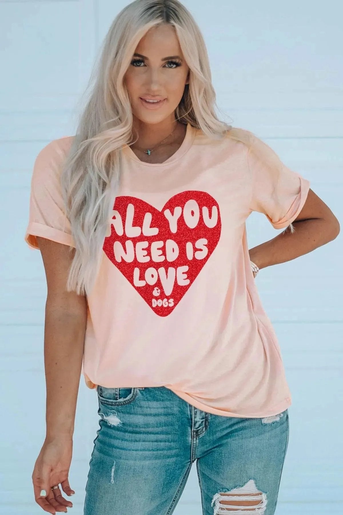 Pink Tee All YOU NEED IS LOVE Heart Glitter Graphic T-Shirt