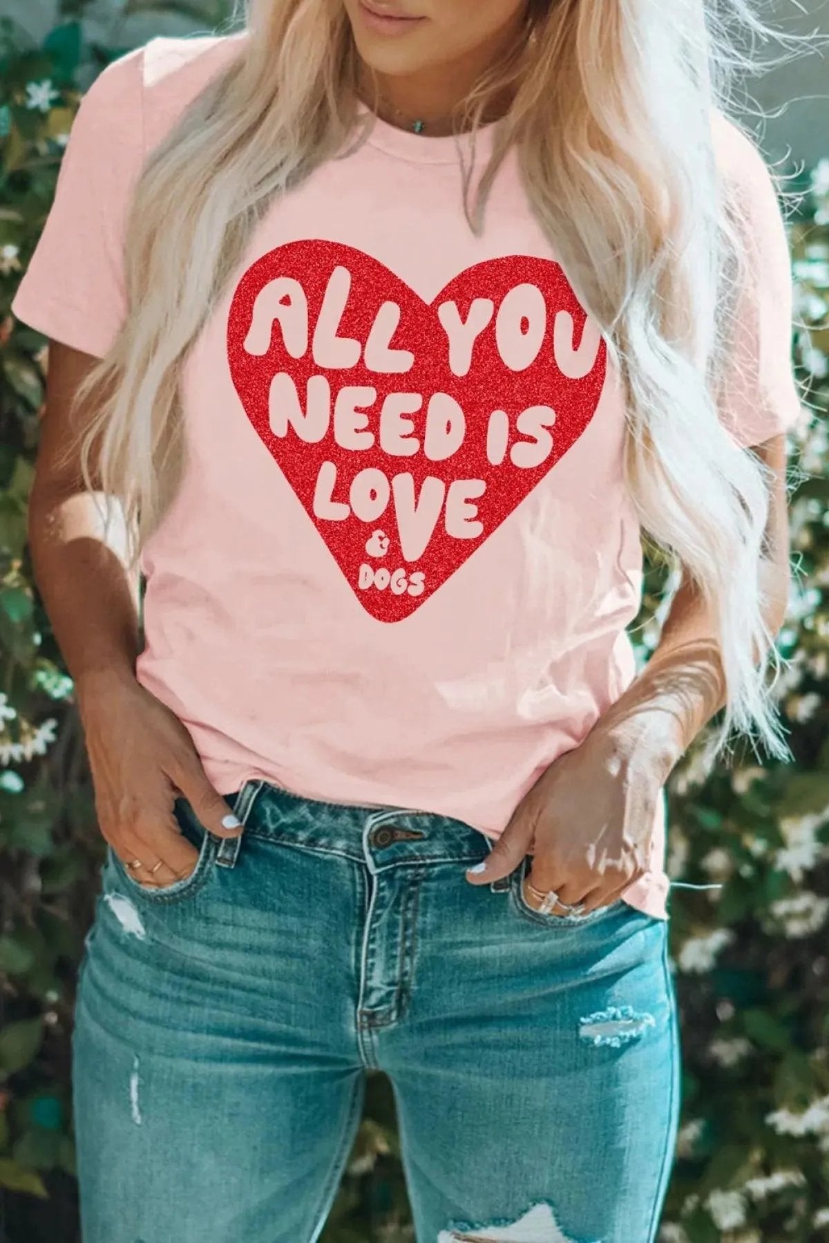 Pink Tee All YOU NEED IS LOVE Heart Glitter Graphic T-Shirt