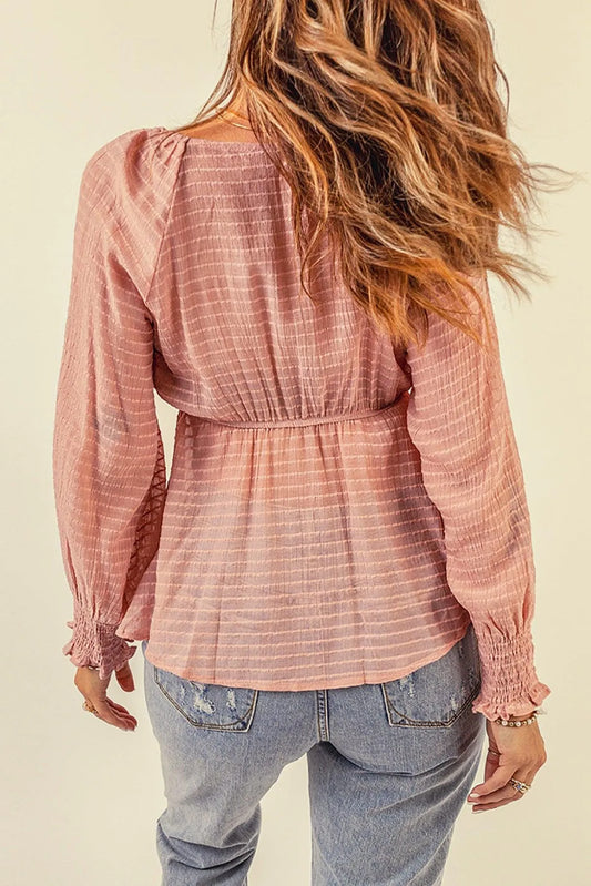 Pink Textured Tie Front Peplum Blouse Jewelry Bubble