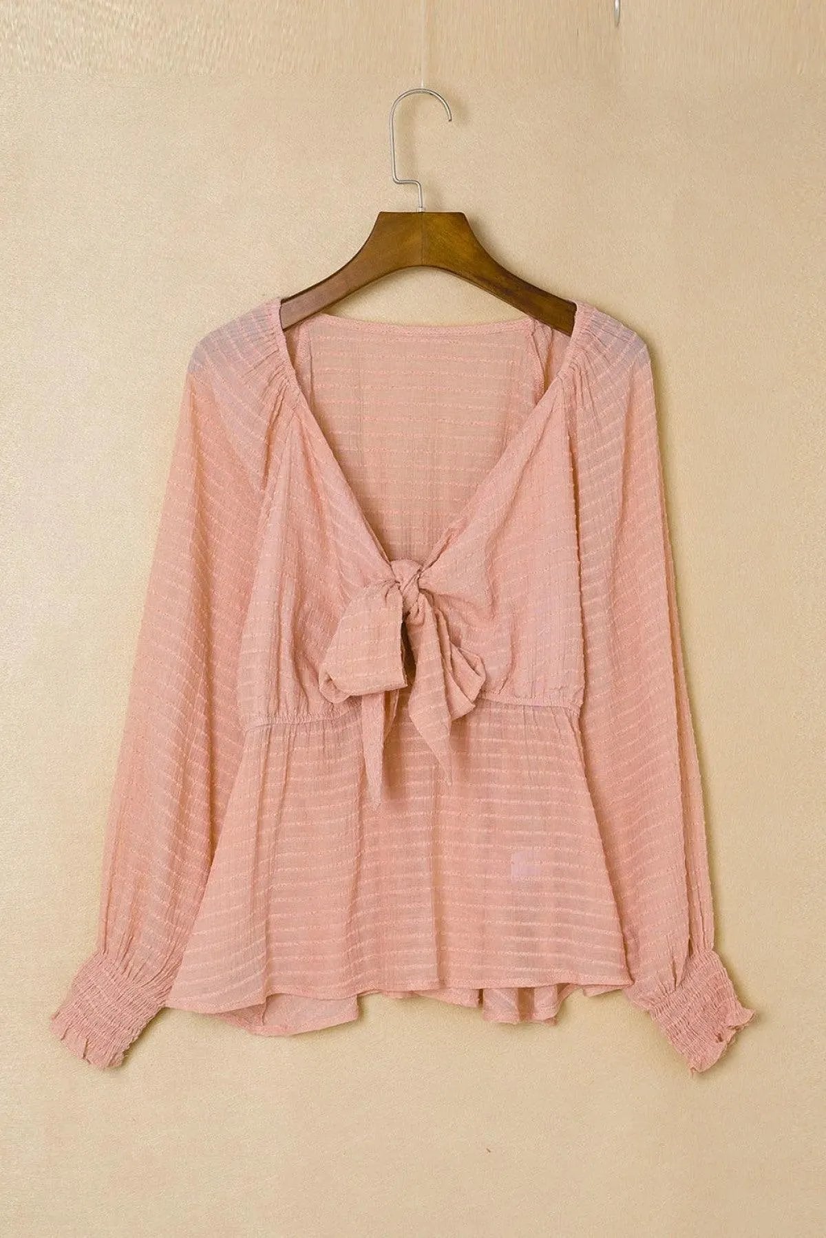 Pink Textured Tie Front Peplum Blouse