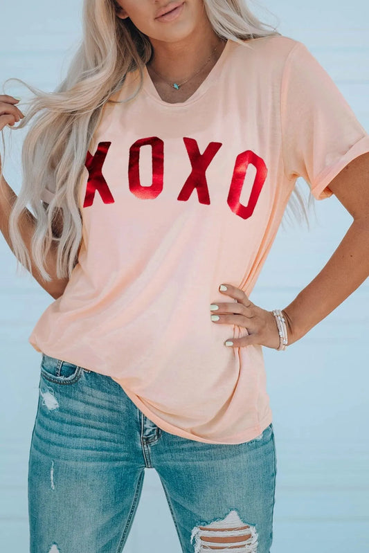 Pink XOXO T-Shirt Glitter Pattern Print Short Sleeve Graphic Tee Jewelry Bubble