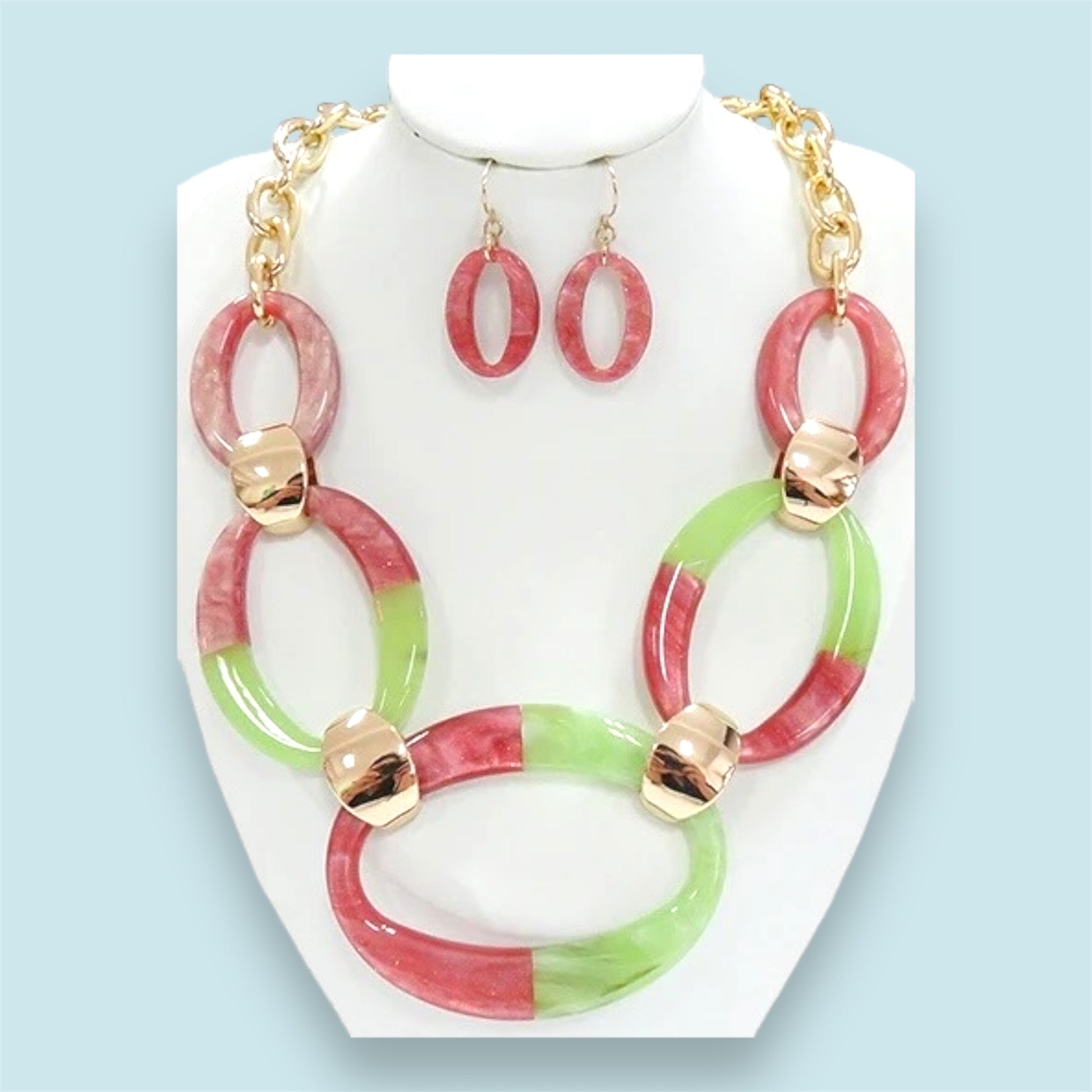 Pink and Green Oval Link Statement Necklace Set - Bold, Chic, and Elegant Jewelry Bubble