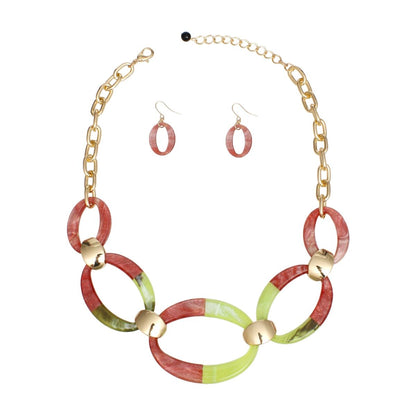 Pink and Green Oval Link Statement Necklace Set - Bold, Chic, and Elegant Jewelry Bubble