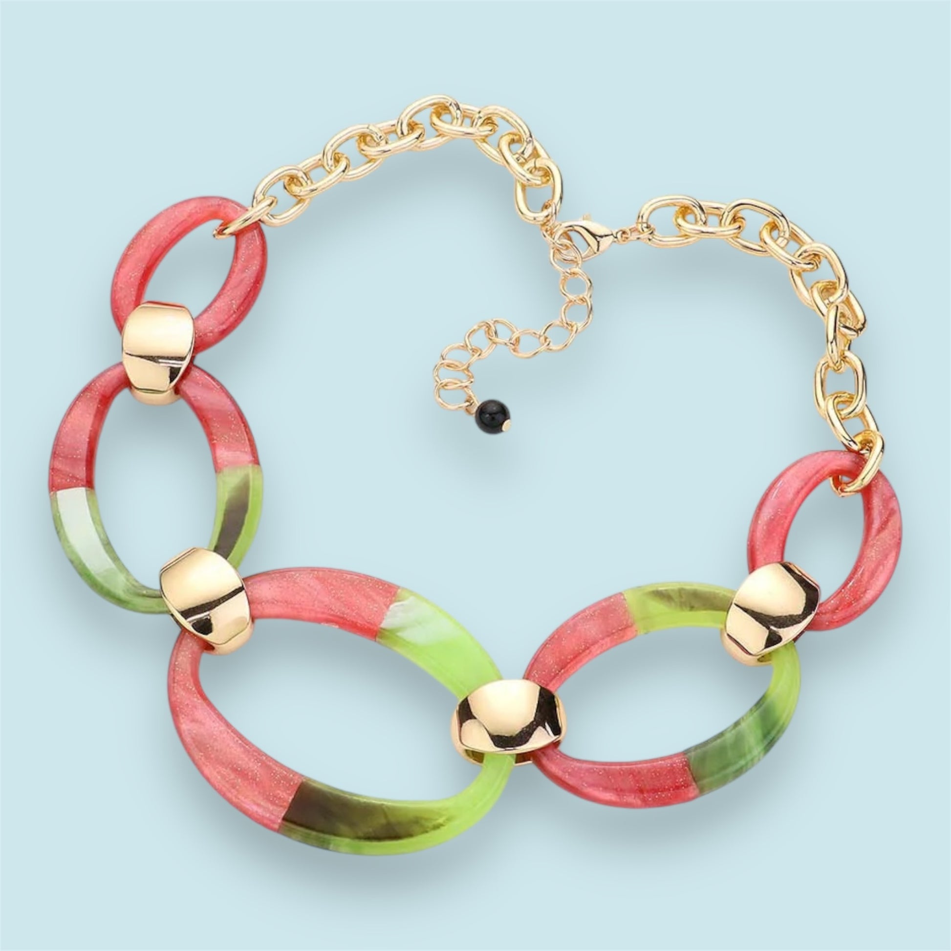 Pink and Green Oval Link Statement Necklace Set - Bold, Chic, and Elegant Jewelry Bubble