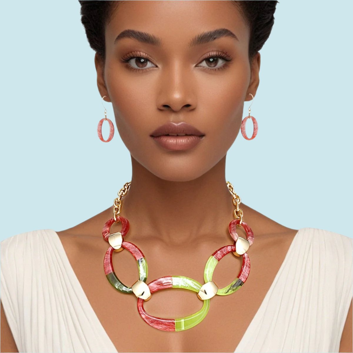 Pink and Green Oval Link Statement Necklace Set - Bold, Chic, and Elegant Jewelry Bubble