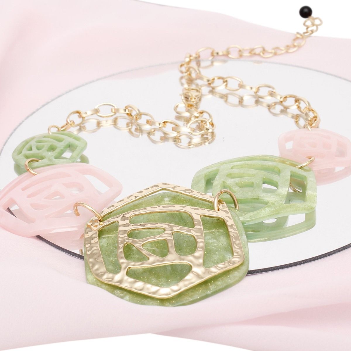 Pink Green Marbled Rose Necklace Gold Overlay Collar Set | Fashion Jewelry