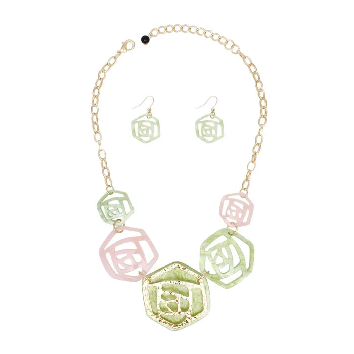 Pink Green Marbled Rose Necklace Gold Overlay Collar Set | Fashion Jewelry