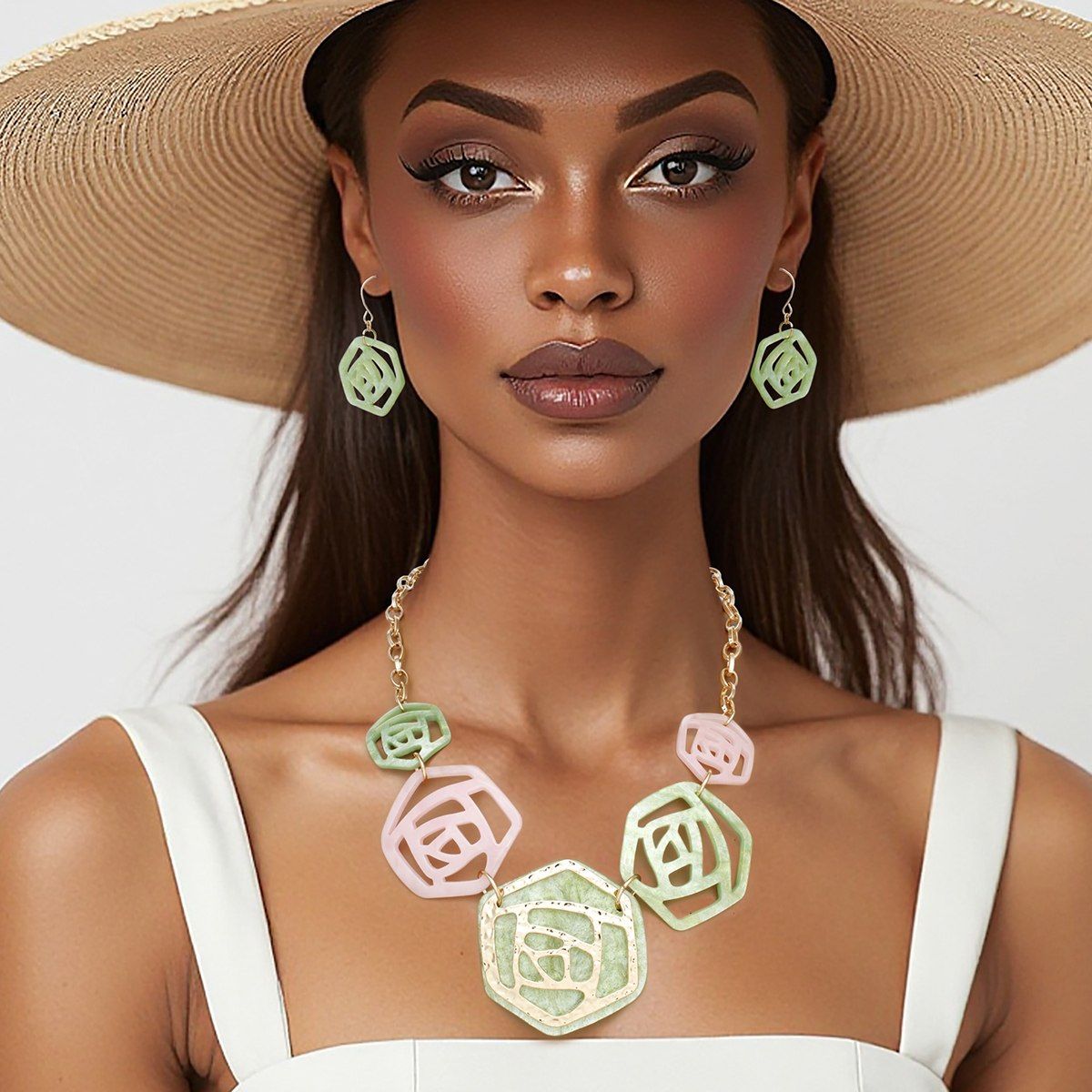 Pink Green Marbled Rose Necklace Gold Overlay Collar Set | Fashion Jewelry