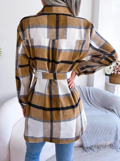 Plaid Button Down Ladies Coat with Belt Jewelry Bubble