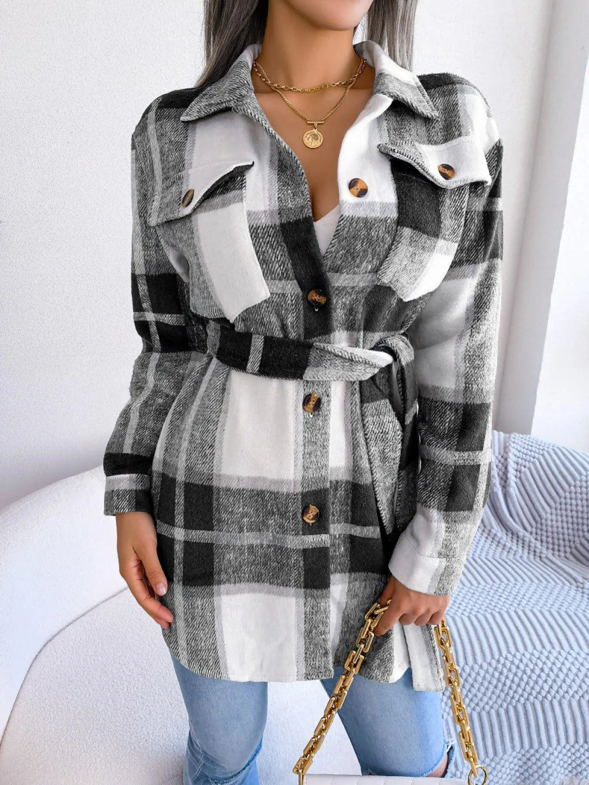 Plaid Button Down Ladies Coat with Belt Jewelry Bubble