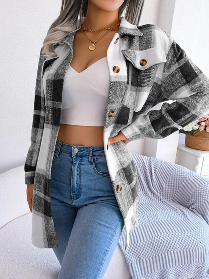 Plaid Button Down Ladies Coat with Belt Jewelry Bubble