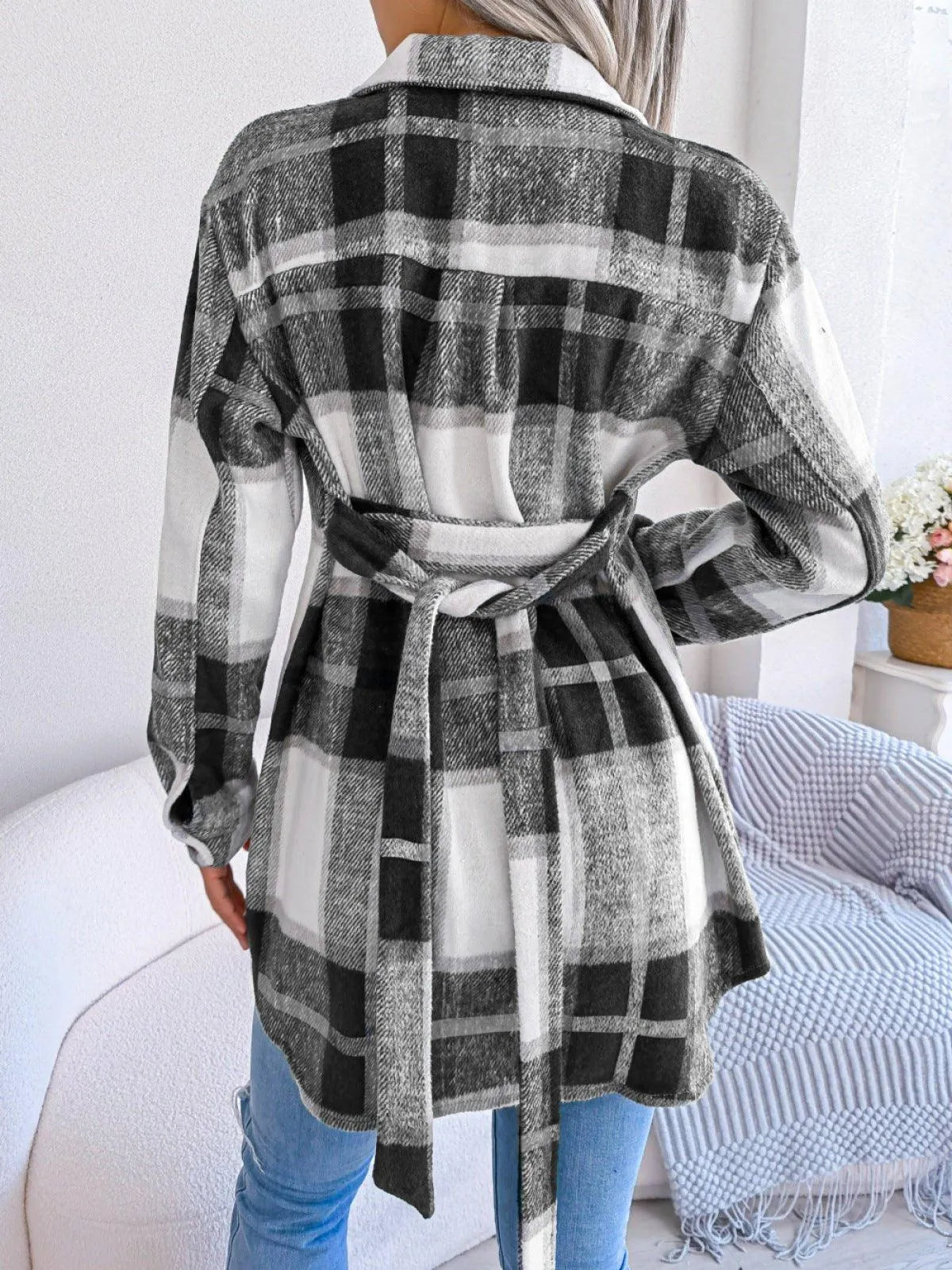 Plaid Button Down Ladies Coat with Belt Jewelry Bubble