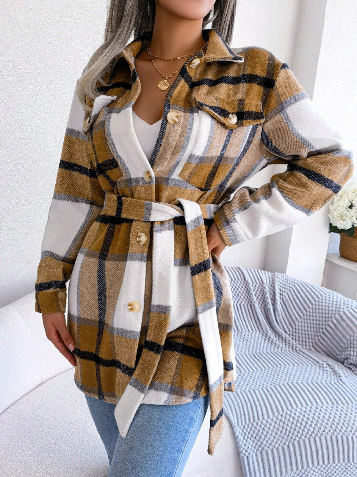 Plaid Button Down Ladies Coat with Belt Jewelry Bubble