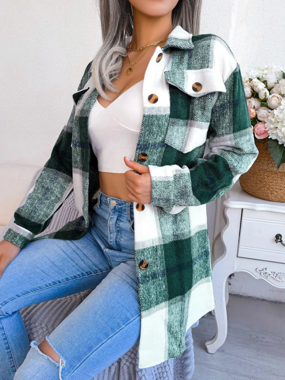 Plaid Button Down Ladies Coat with Belt Jewelry Bubble