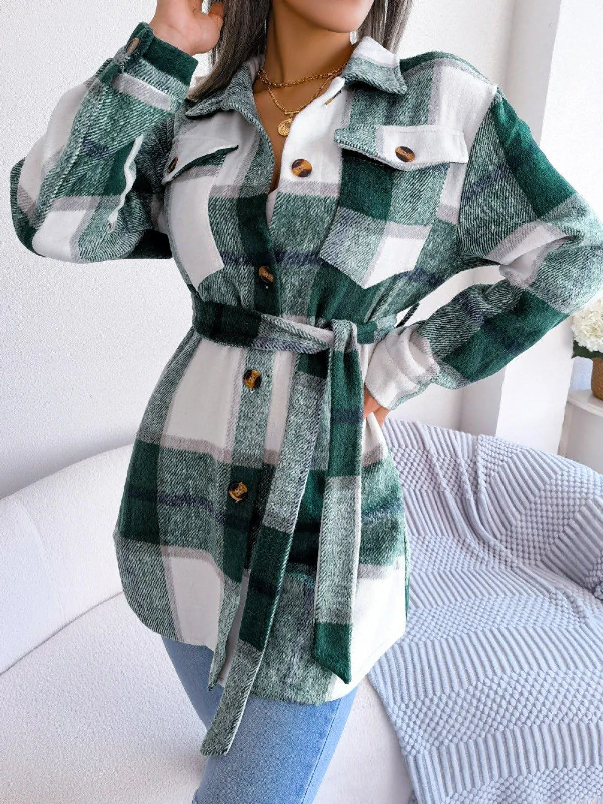 Plaid Button Down Ladies Coat with Belt Jewelry Bubble