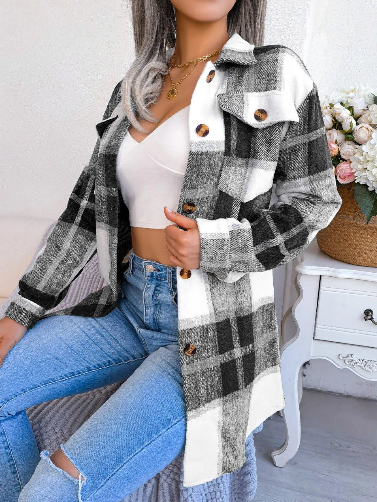 Plaid Button Down Ladies Coat with Belt Jewelry Bubble