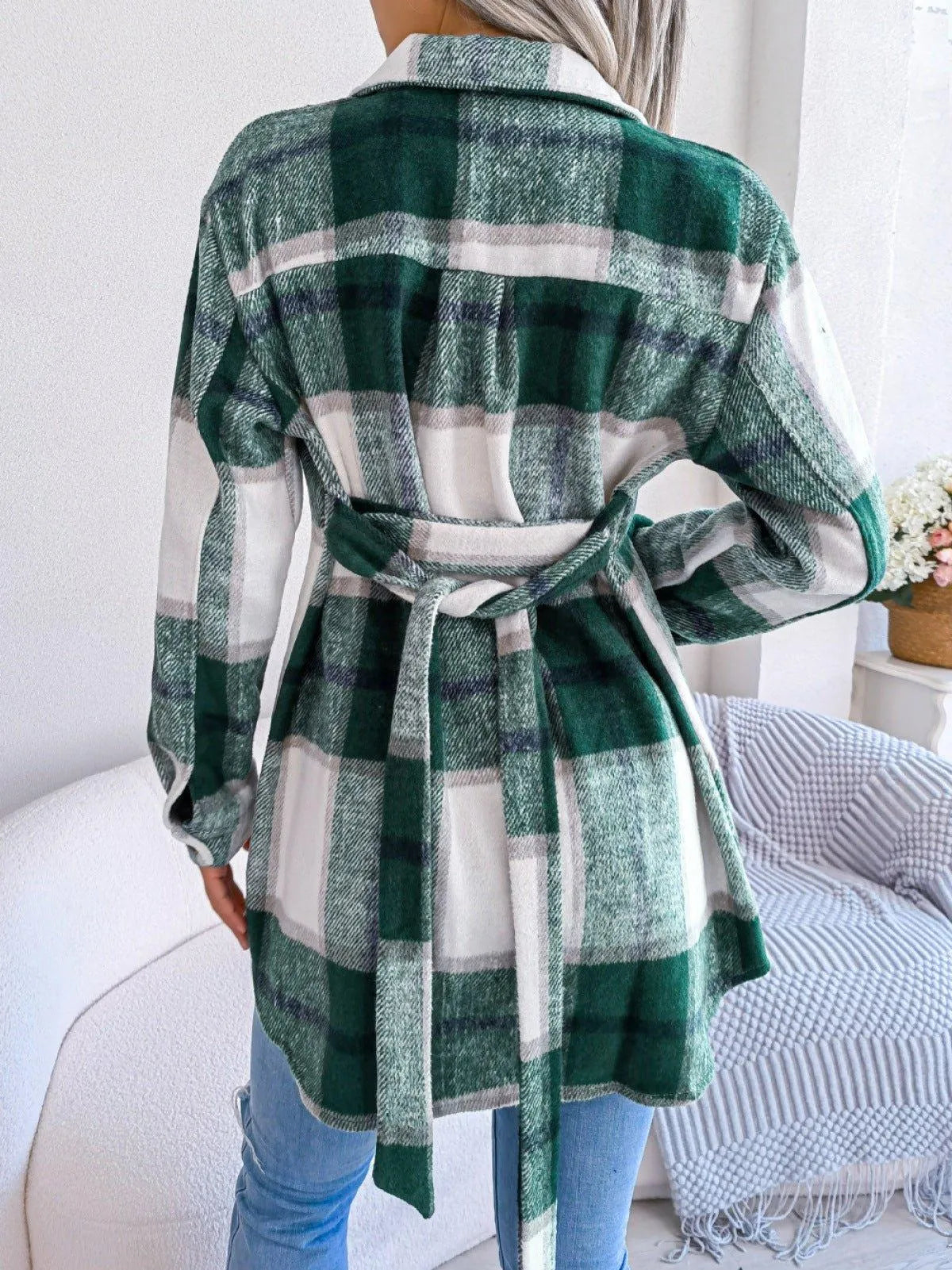 Plaid Button Down Ladies Coat with Belt Jewelry Bubble