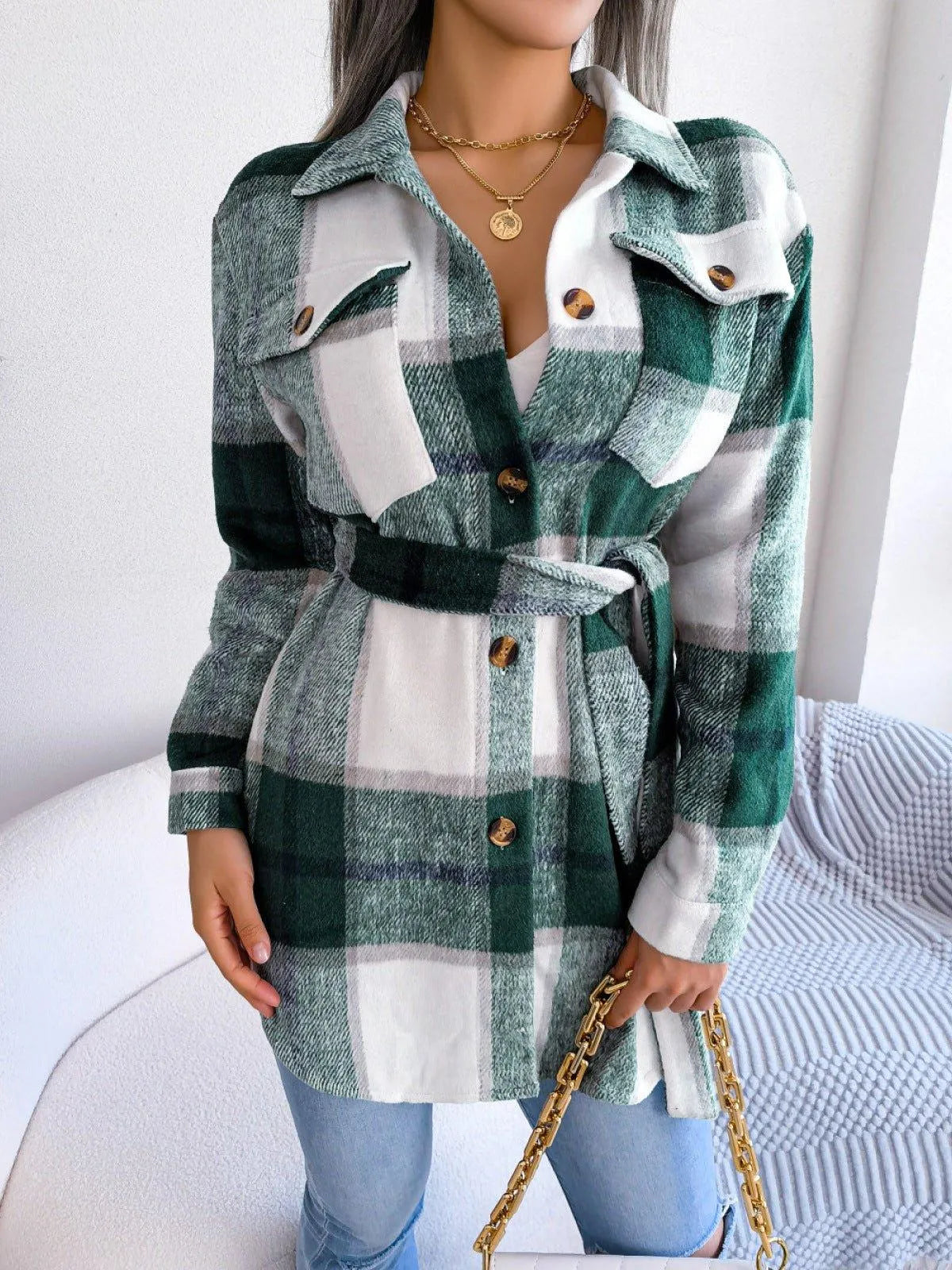 Plaid Button Down Ladies Coat with Belt Jewelry Bubble