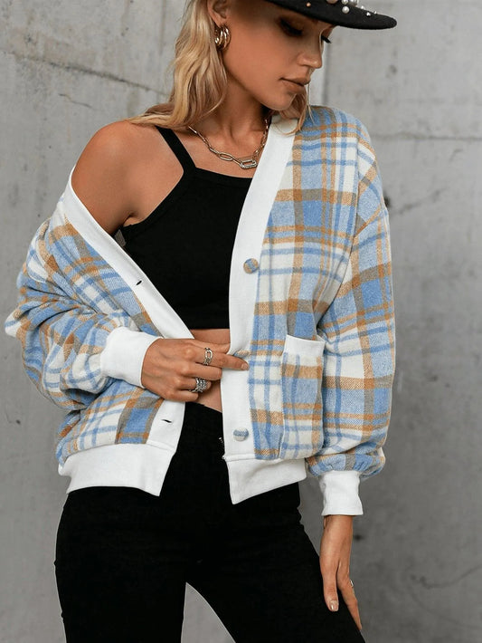 Plaid Drop Shoulder Contrast Trim Dual Pocket Jacket Jewelry Bubble