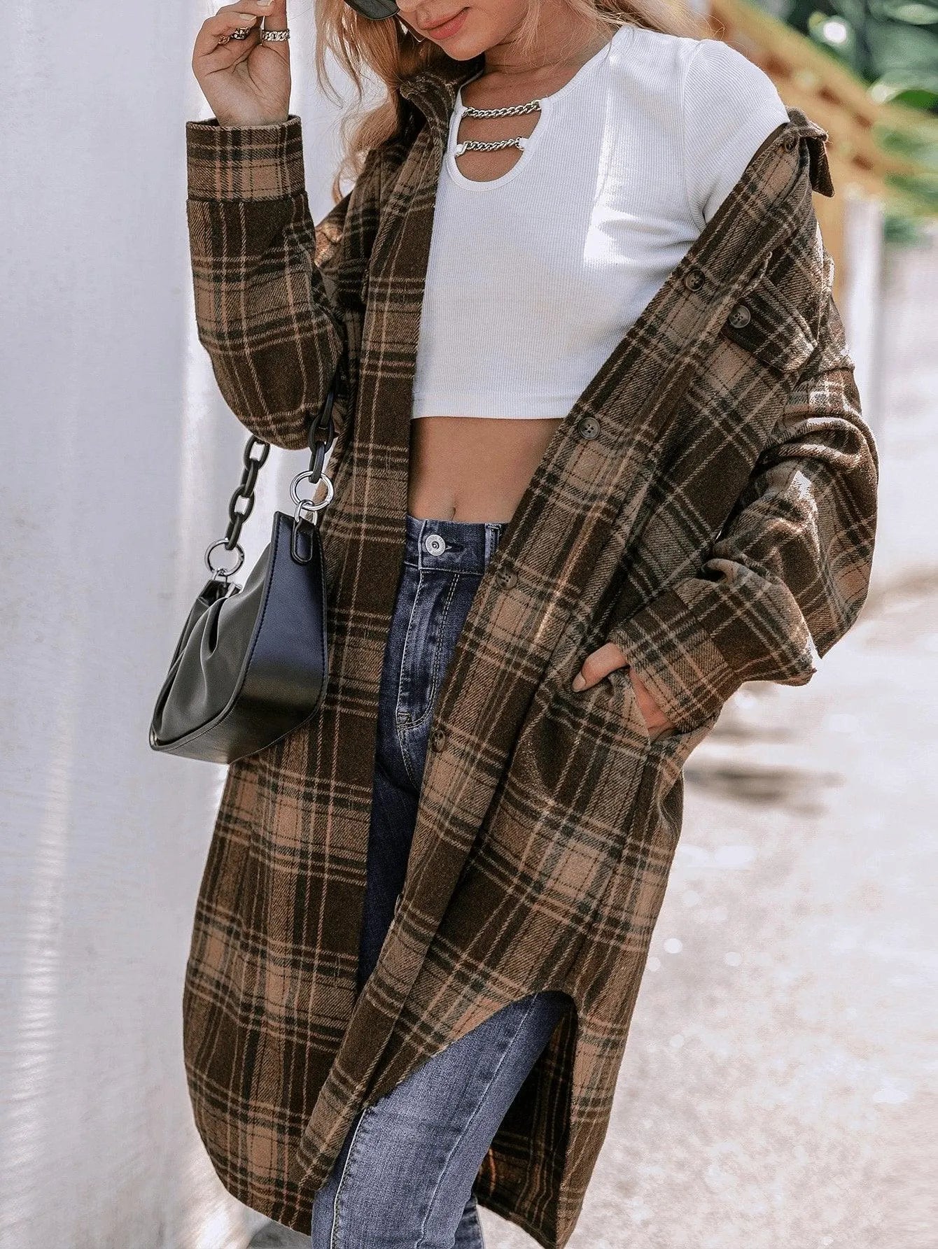 Plaid Flap Detail Drop Shoulder Overcoat Multicolor Jewelry Bubble