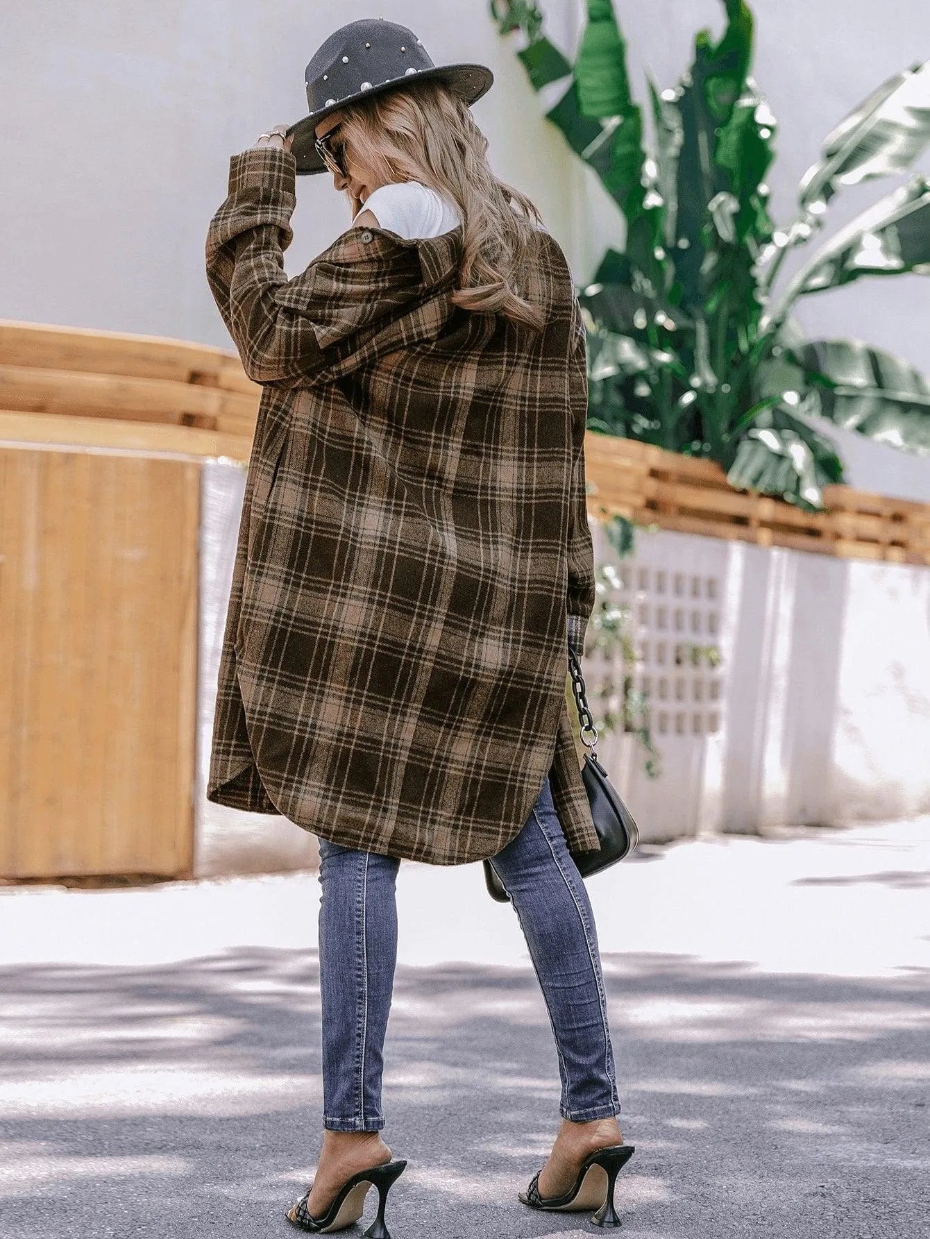 Plaid Flap Detail Drop Shoulder Overcoat Multicolor Jewelry Bubble