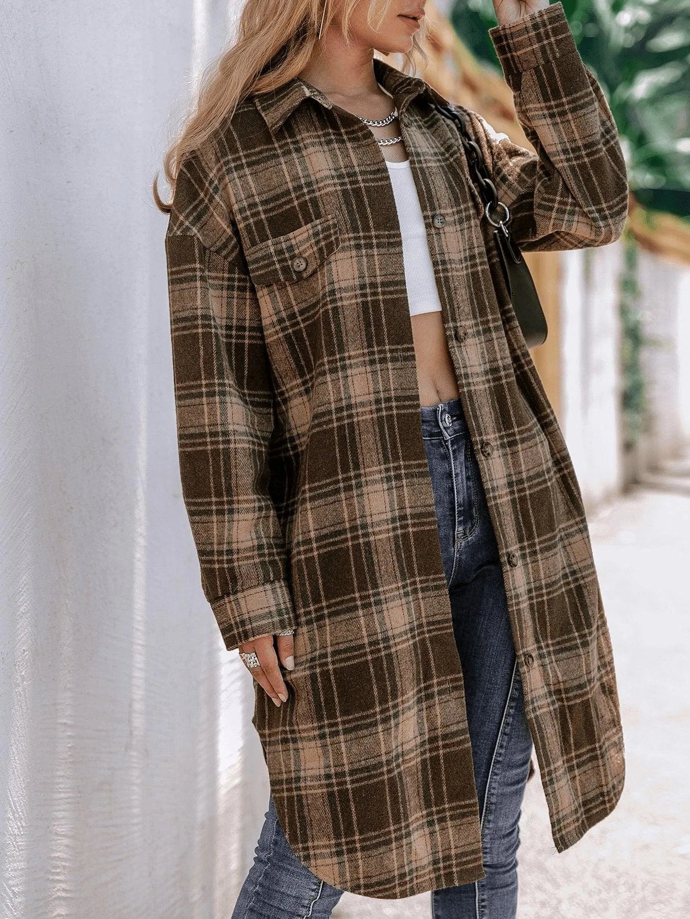 Plaid Flap Detail Drop Shoulder Overcoat Multicolor Jewelry Bubble