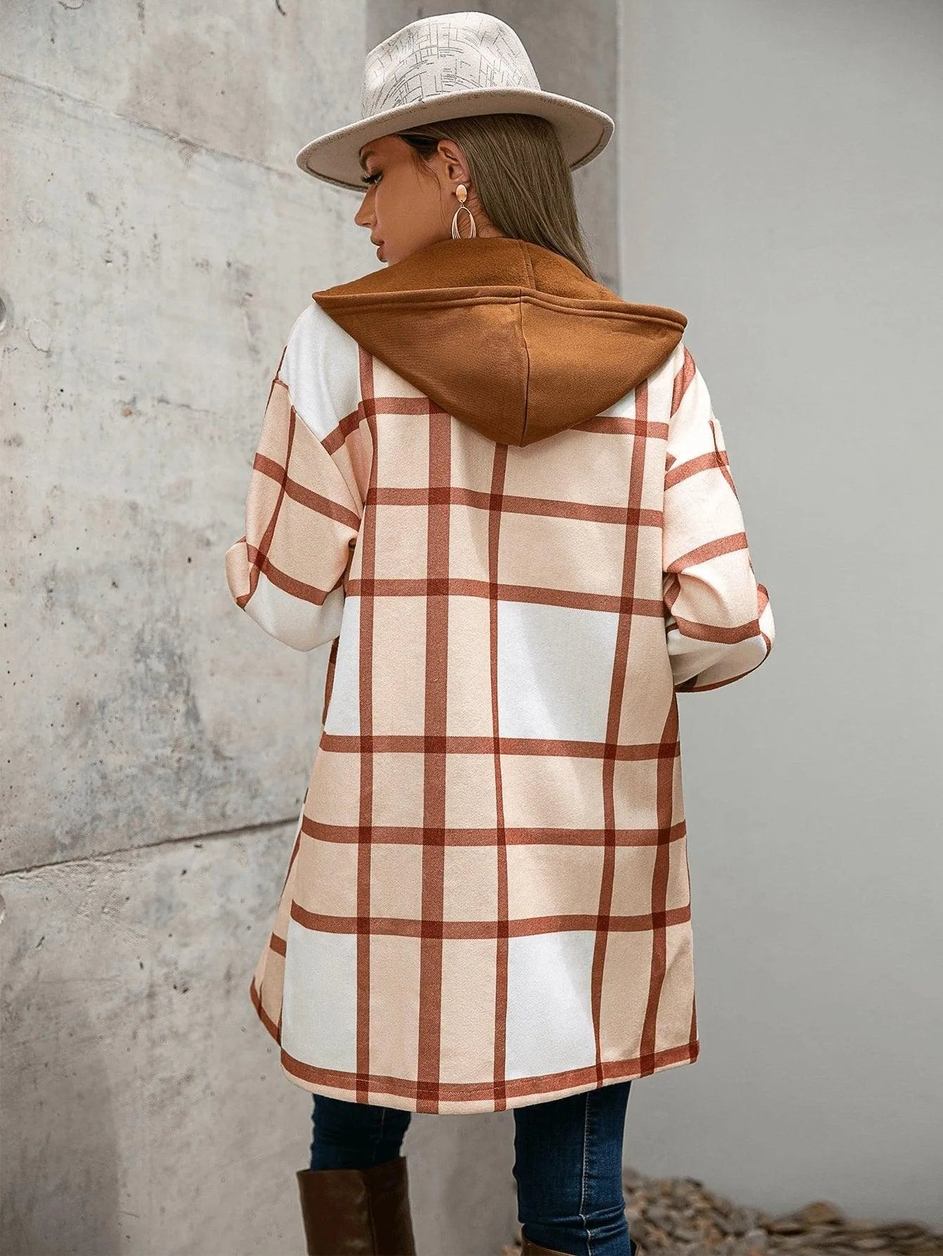 Plaid Flap Pocket Drop Shoulder Hooded Overcoat Jewelry Bubble