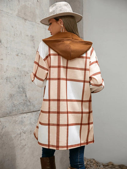 Plaid Flap Pocket Drop Shoulder Hooded Overcoat Jewelry Bubble