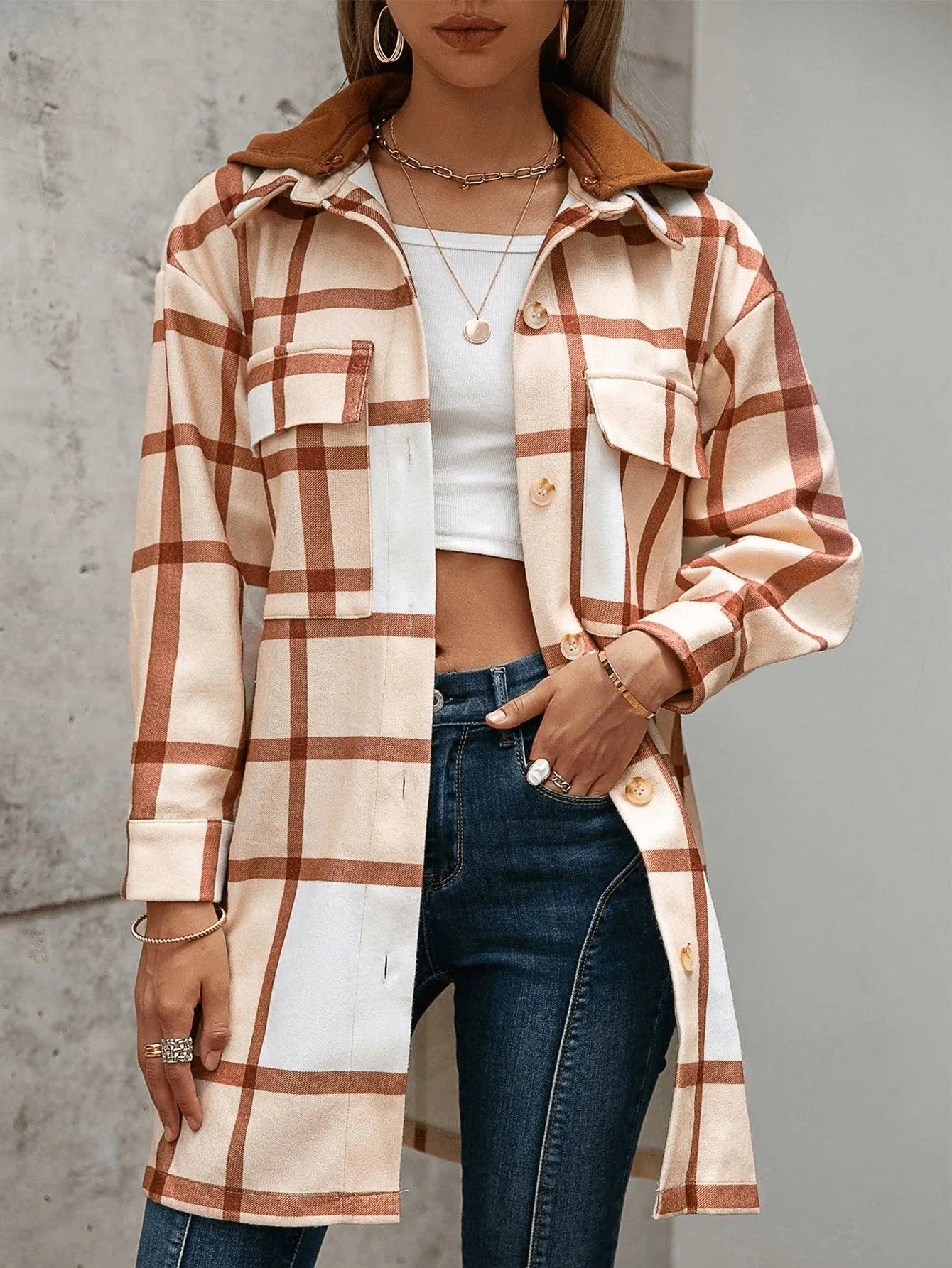 Plaid Flap Pocket Drop Shoulder Hooded Overcoat Jewelry Bubble