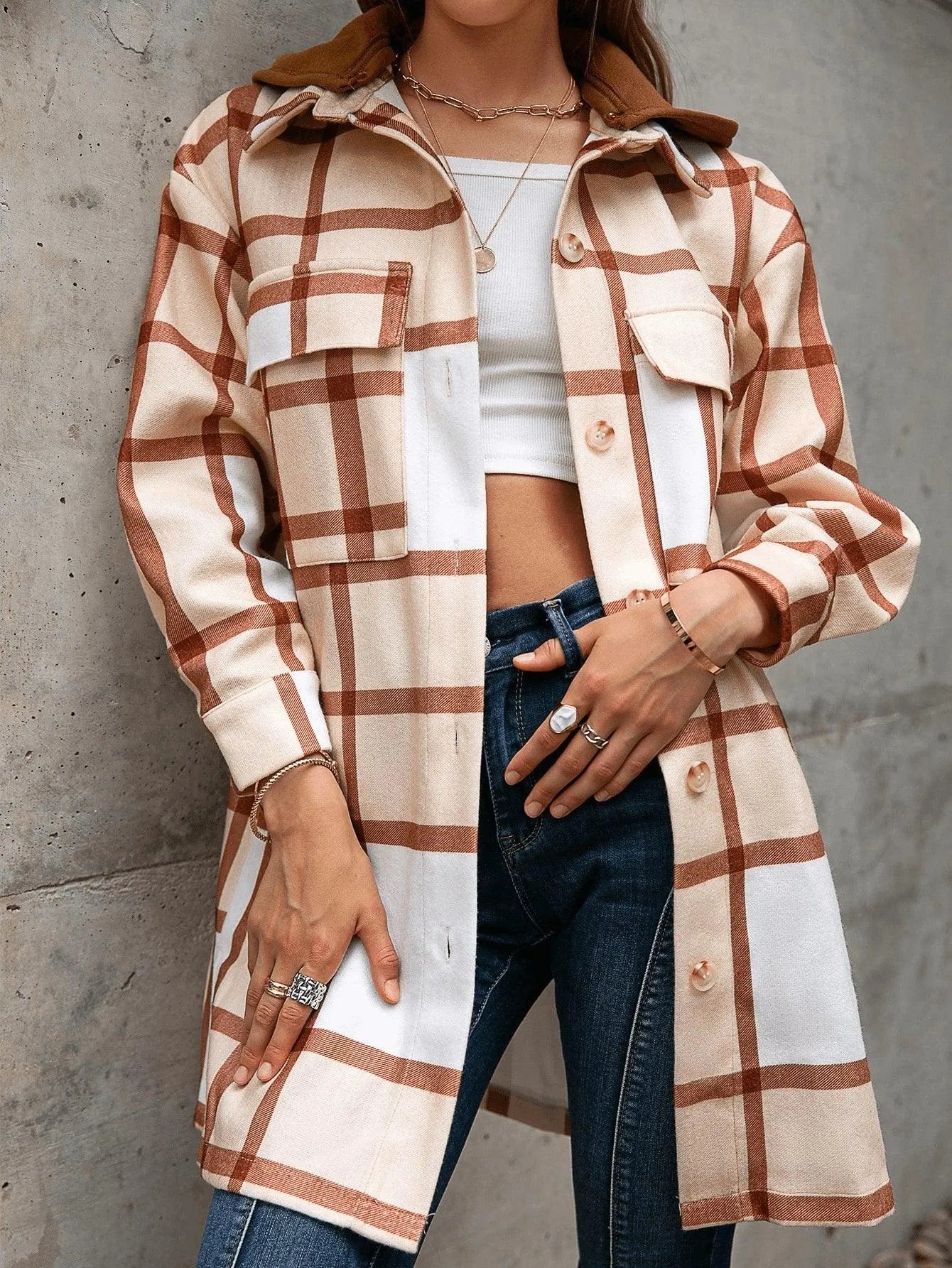 Plaid Flap Pocket Drop Shoulder Hooded Overcoat Jewelry Bubble