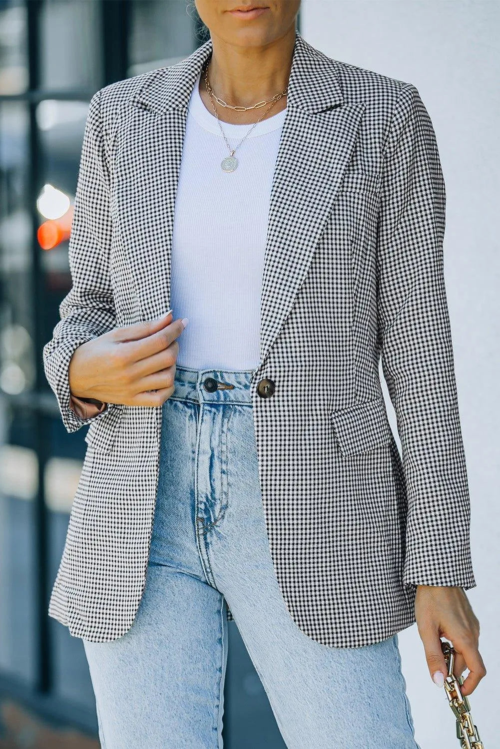 Plaid Lapel Collar Button Cuff Blazer Jewelry Bubble