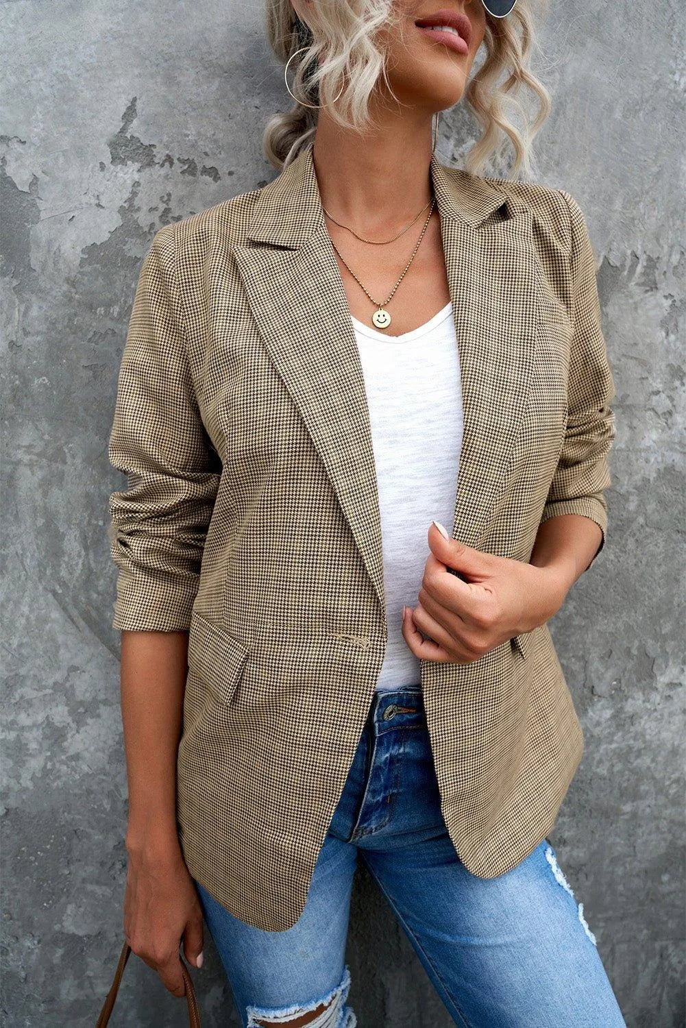 Plaid Lapel Collar Button Cuff Blazer Jewelry Bubble