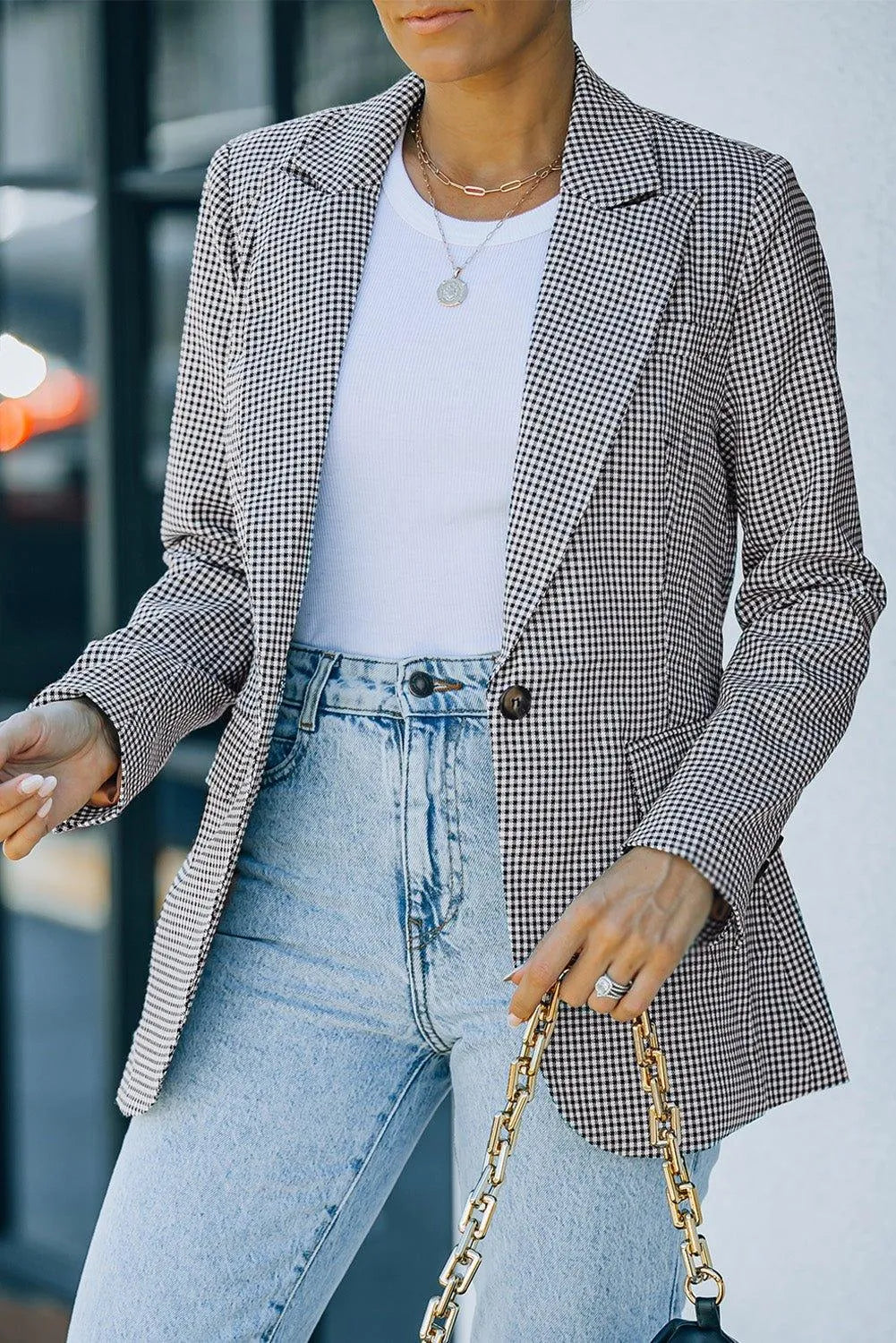 Plaid Lapel Collar Button Cuff Blazer Jewelry Bubble