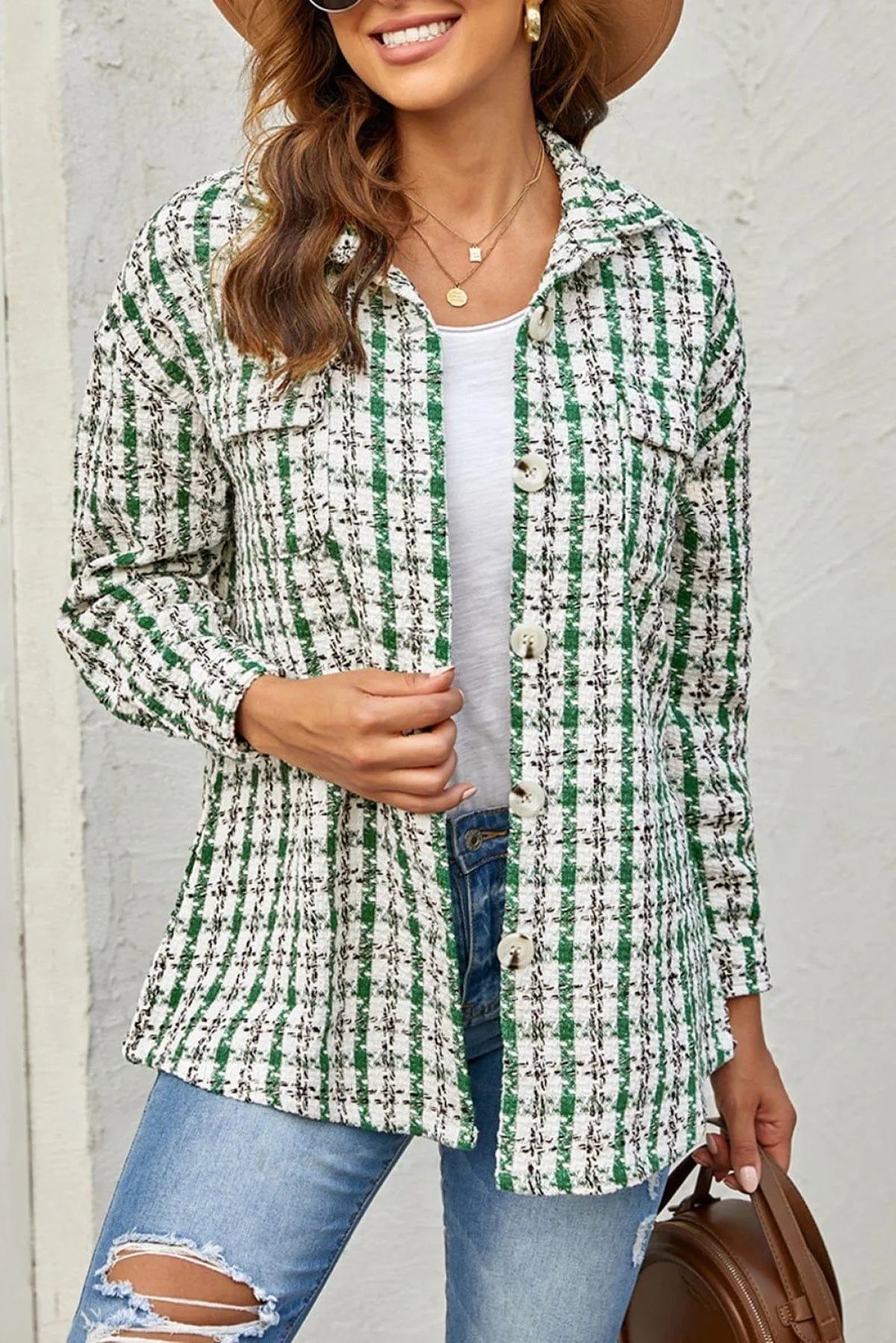 Plaid Print Button Knitted Coat With Pocket Jewelry Bubble