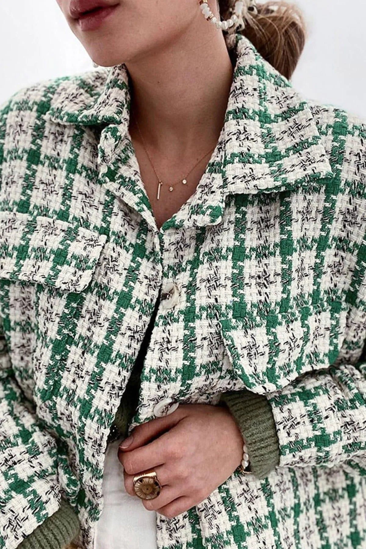 Plaid Print Button Knitted Coat With Pocket Jewelry Bubble