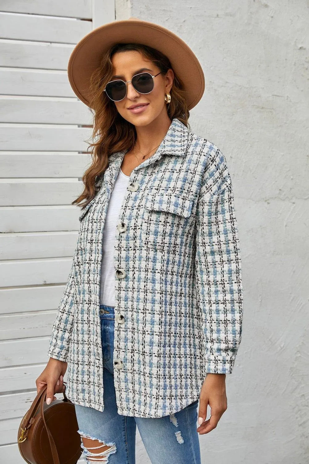 Plaid Print Button Knitted Coat With Pocket Jewelry Bubble