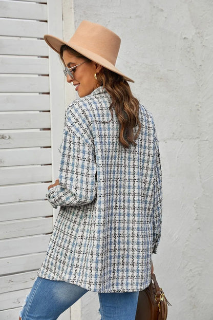 Plaid Print Button Knitted Coat With Pocket Jewelry Bubble