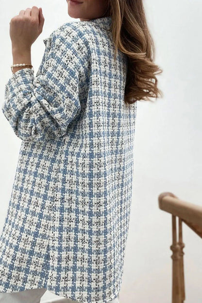 Plaid Print Button Knitted Coat With Pocket Jewelry Bubble