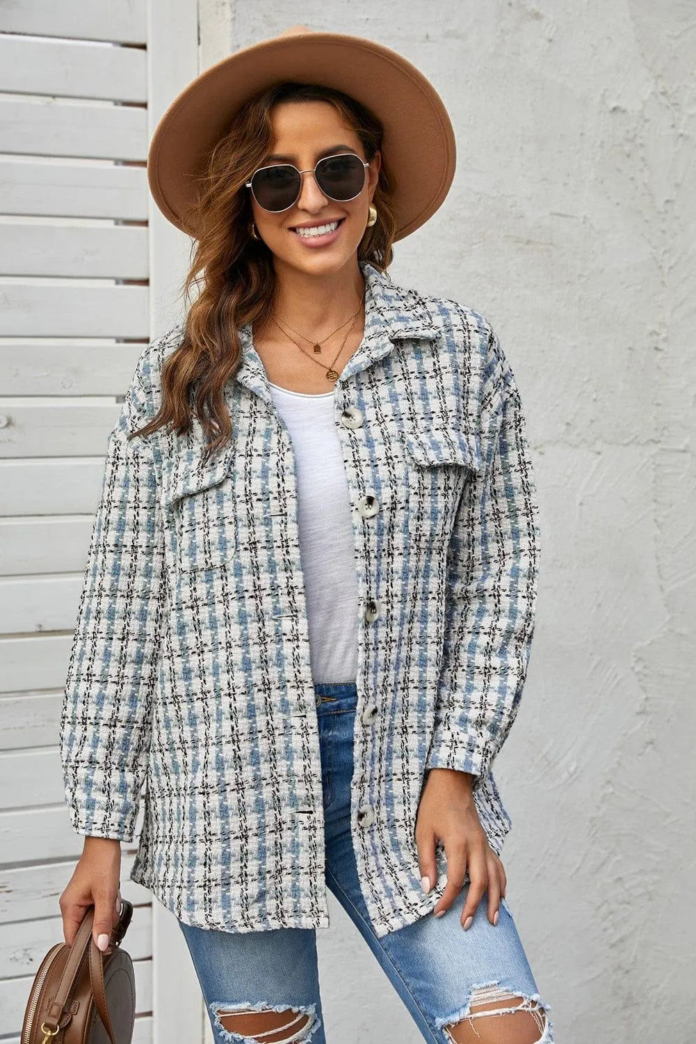 Plaid Print Button Knitted Coat With Pocket Jewelry Bubble